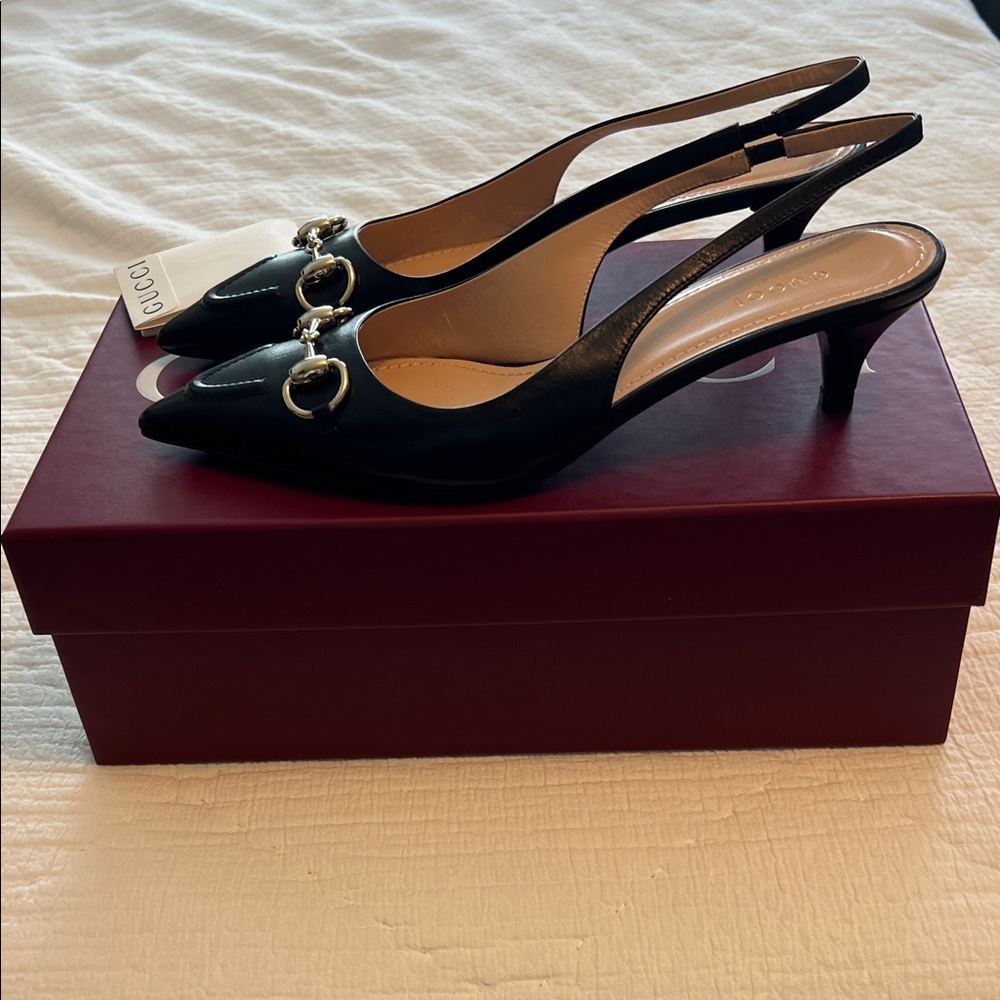 Gucci Black Leather Slingback Kitten Heel with Gold Horsebit